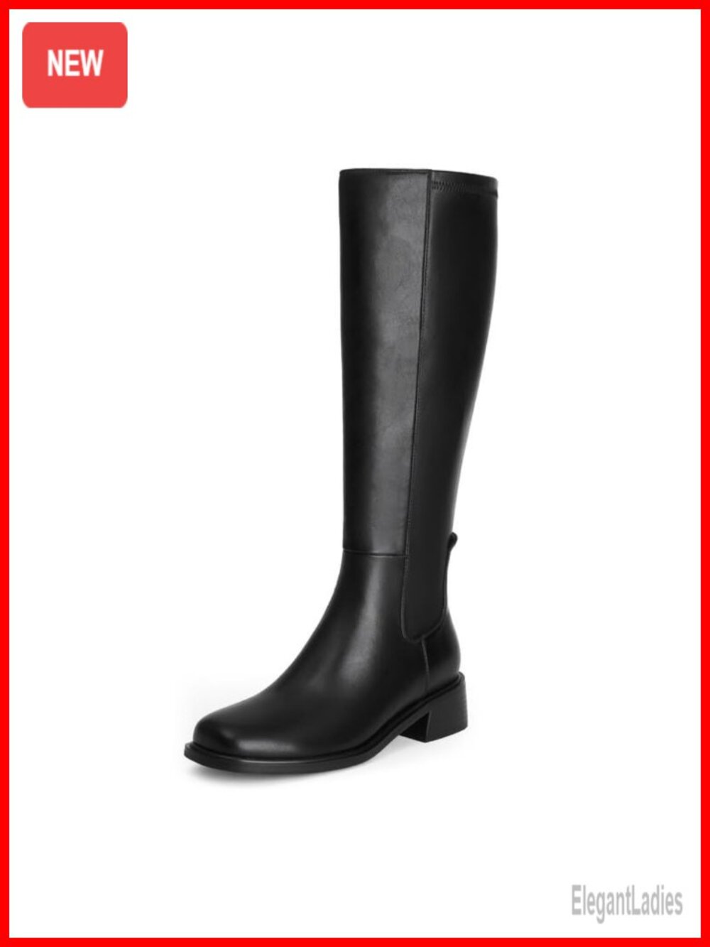 Knee High Boots Low Heel Flat Tall Square Toe Faux Leather Stretch Womens